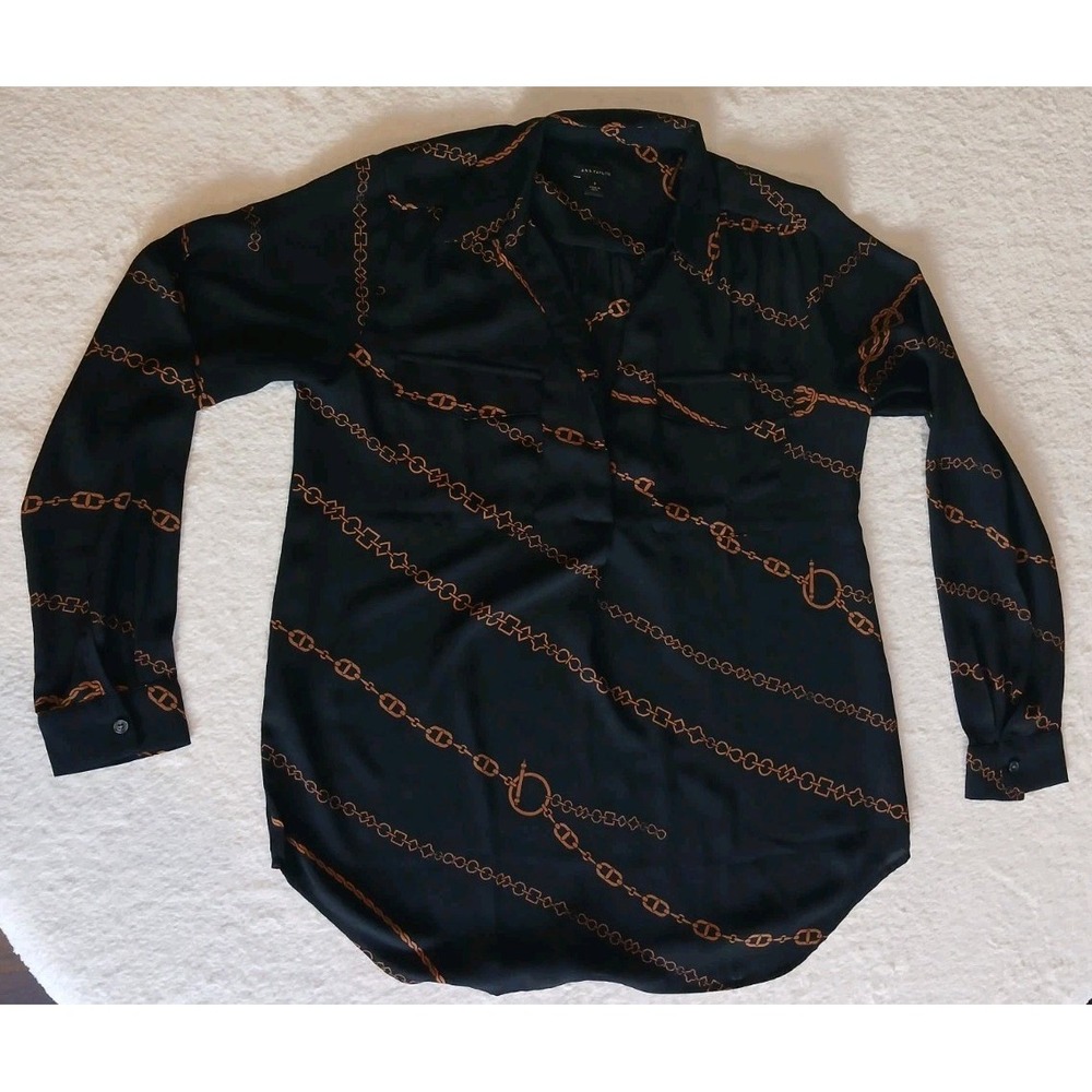 ANN TAYLOR SM Blouse Top Black Gold Chain Link Print Semi Sheer Collar Button Up